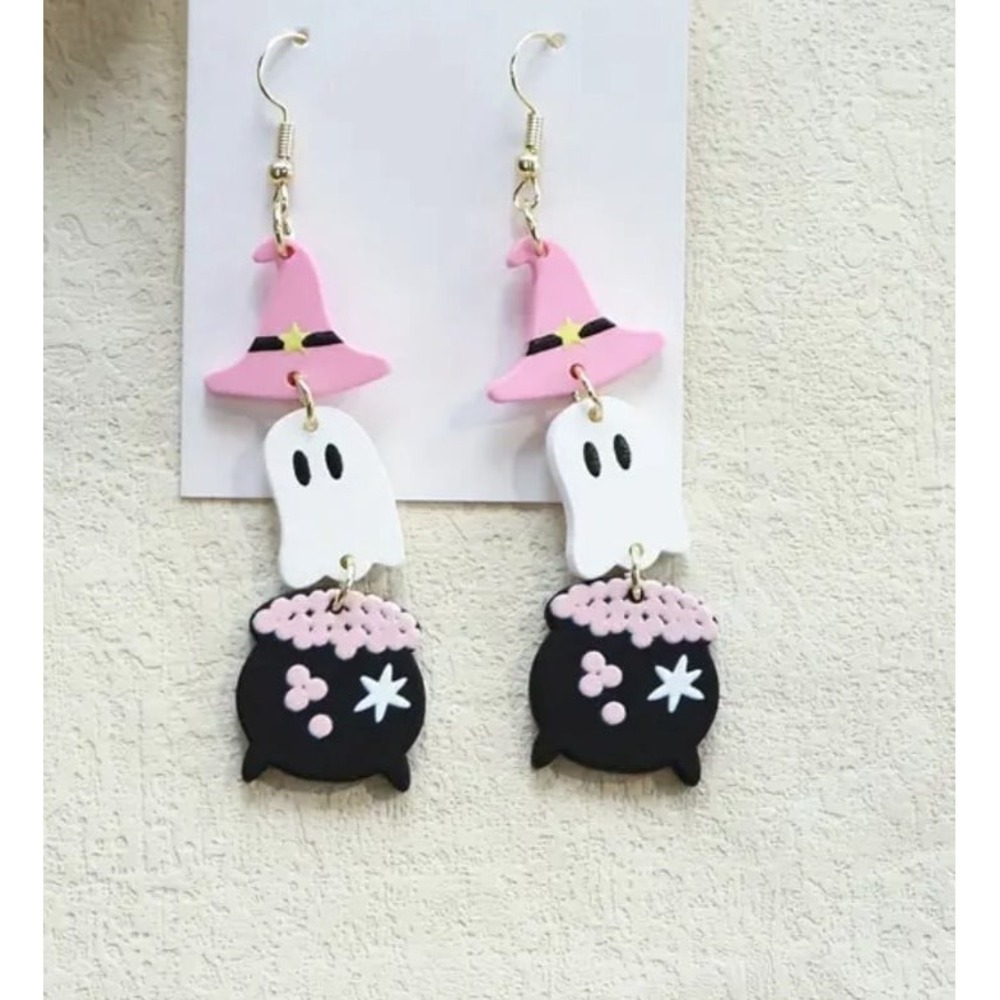 Pink and White Dangling Ghost‎ Earrings